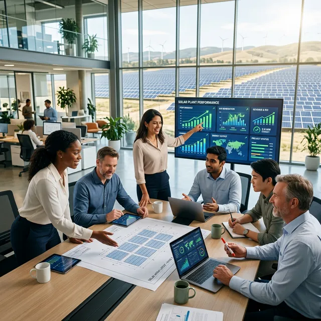 Aurora Renewables SRL engineering and management team in a professional meeting reviewing project plans with solar farm views