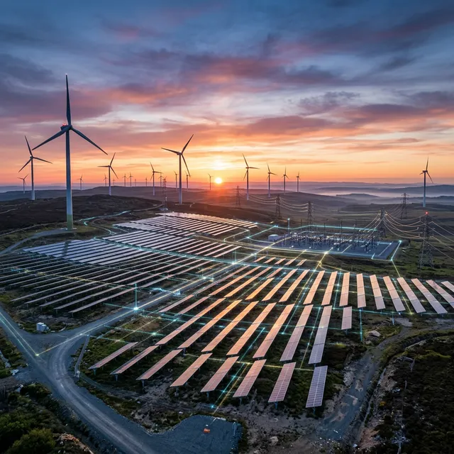 Cinematic shot of a grid-integrated solar and wind hybrid energy system at dawn