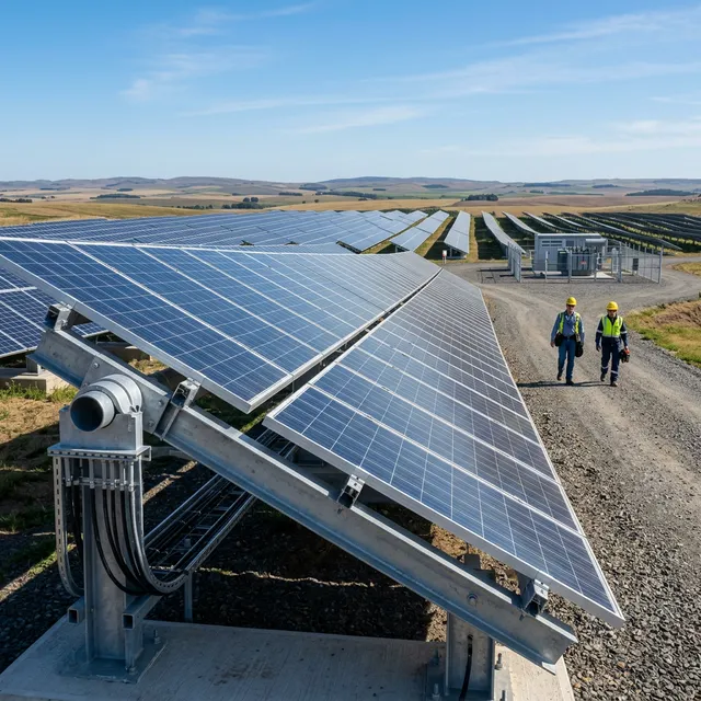 Modern solar farm infrastructure, focusing on high-quality engineering