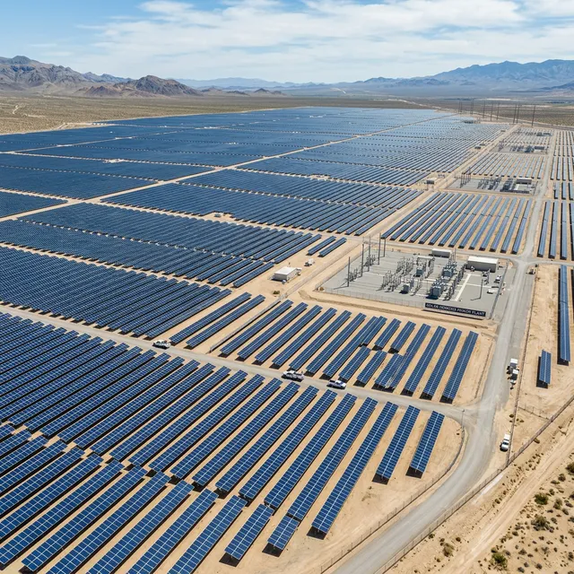 Aerial photography of a vast, completed solar power plant showing scale