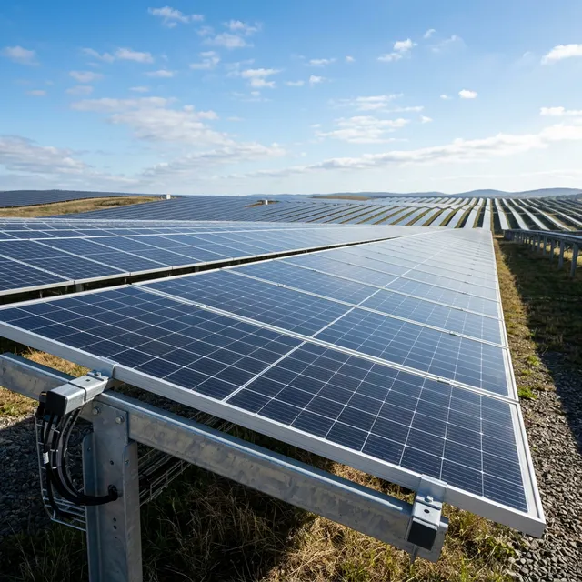 Wide aerial view of the solar power plant and surrounding landscape