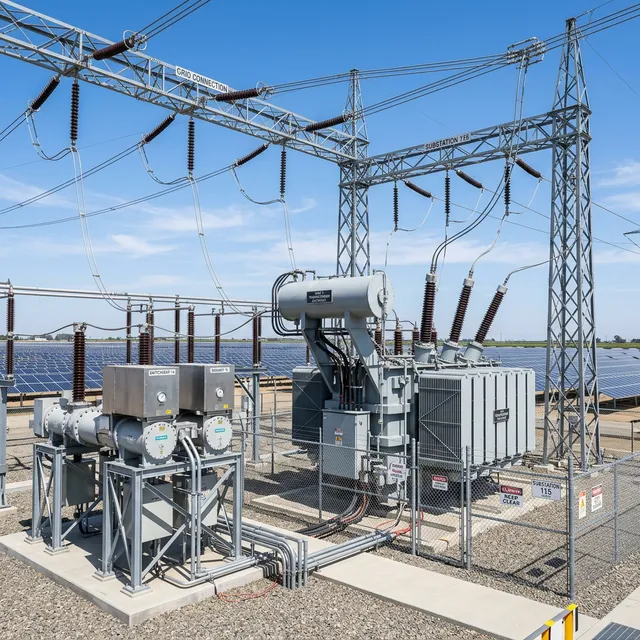 Modern electrical grid connection substation at a solar farm