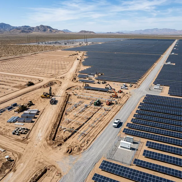 Phased development of a solar farm with some areas completed and others in preparation