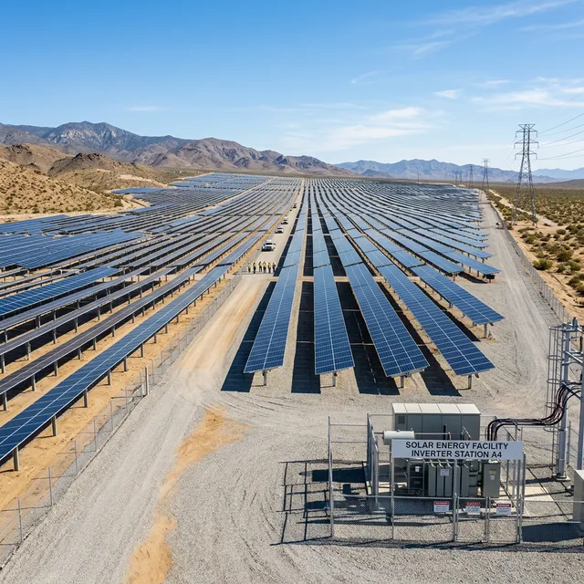 Wide-angle photography of a completed section of a large-scale solar power plant