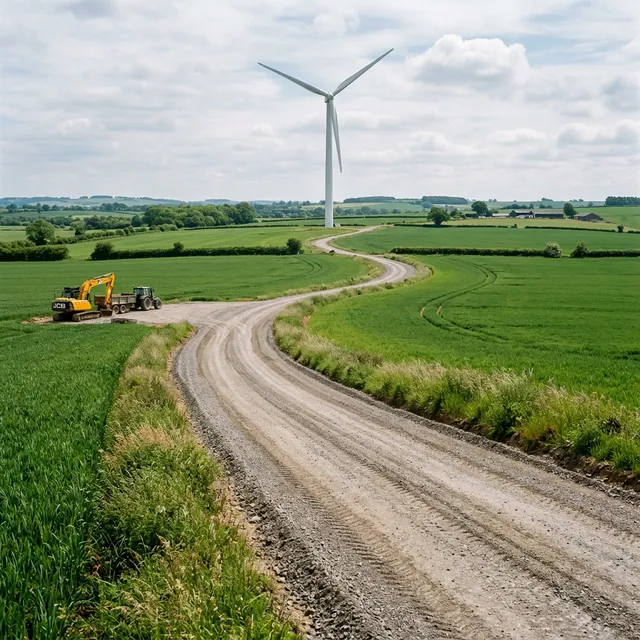 Upgraded agricultural access road winding through a green field towards a modern wind turbine, demonstrating site access infrastructure