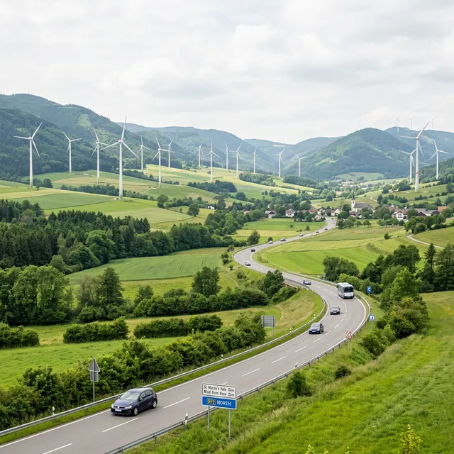 Utility-scale wind farm seamlessly integrated alongside a modern regional road system in a green valley