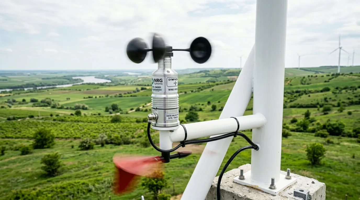 Close-up of a technical anemometer sensor symbolizing strong and validated wind resources