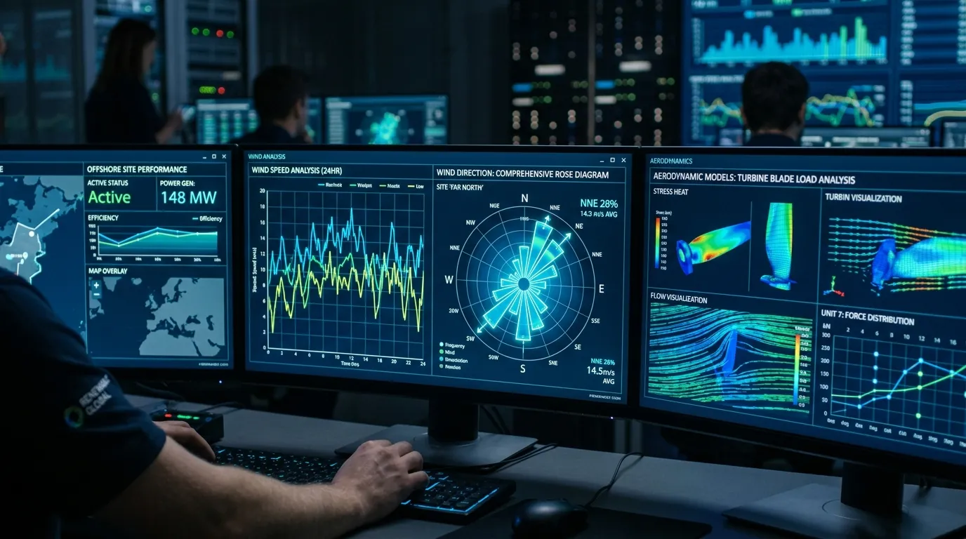 Dynamic perspective looking up at the massive rotating blades of a modern wind turbine against a clear blue sky