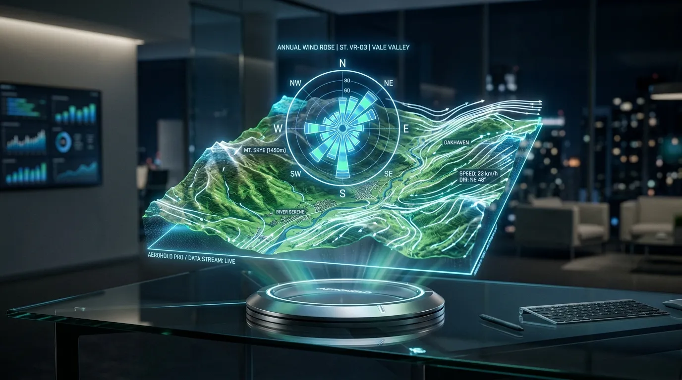 Detailed 3D holographic projection of a wind rose diagram and aerodynamic wind flow lines over a topographic map