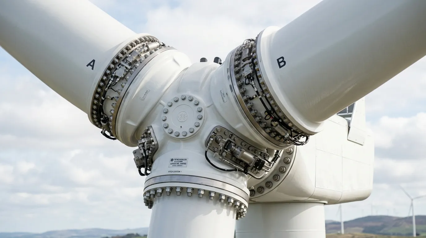 Technical close-up of a massive wind turbine rotor hub and blade assembly