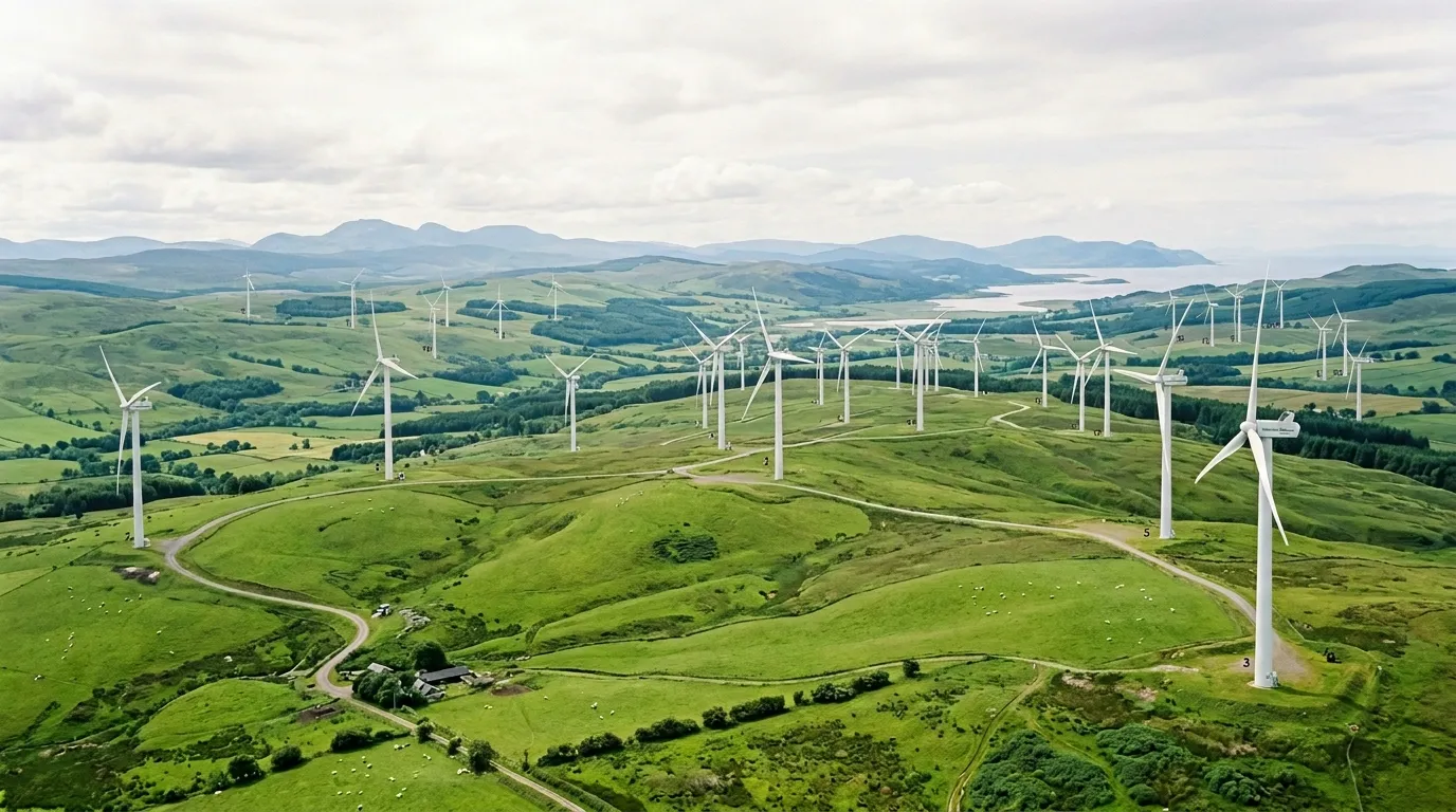 Panoramic view of 23 massive 6.6 MW wind turbines in a lush green landscape