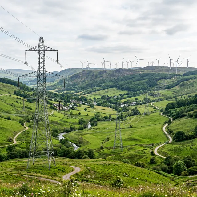 High-voltage power lines and transmission towers in a green valley with wind turbines