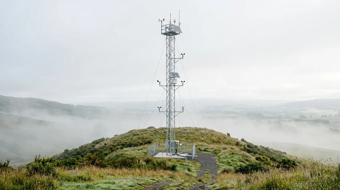 A modern 100-metre tall wind measurement mast standing on a grassy hill