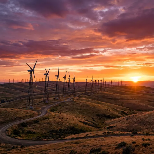 Breathtaking wide shot of an onshore wind farm at sunset