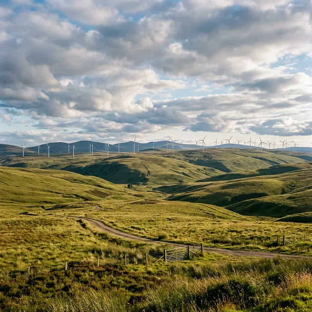 Open terrain with rolling hills and modern wind turbines