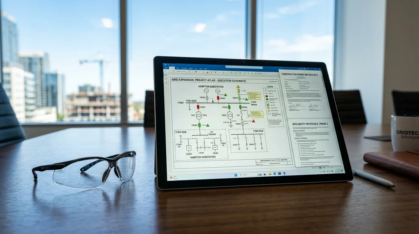 Close-up of a digital tablet displaying electrical grid execution diagrams and construction permits on a conference table
