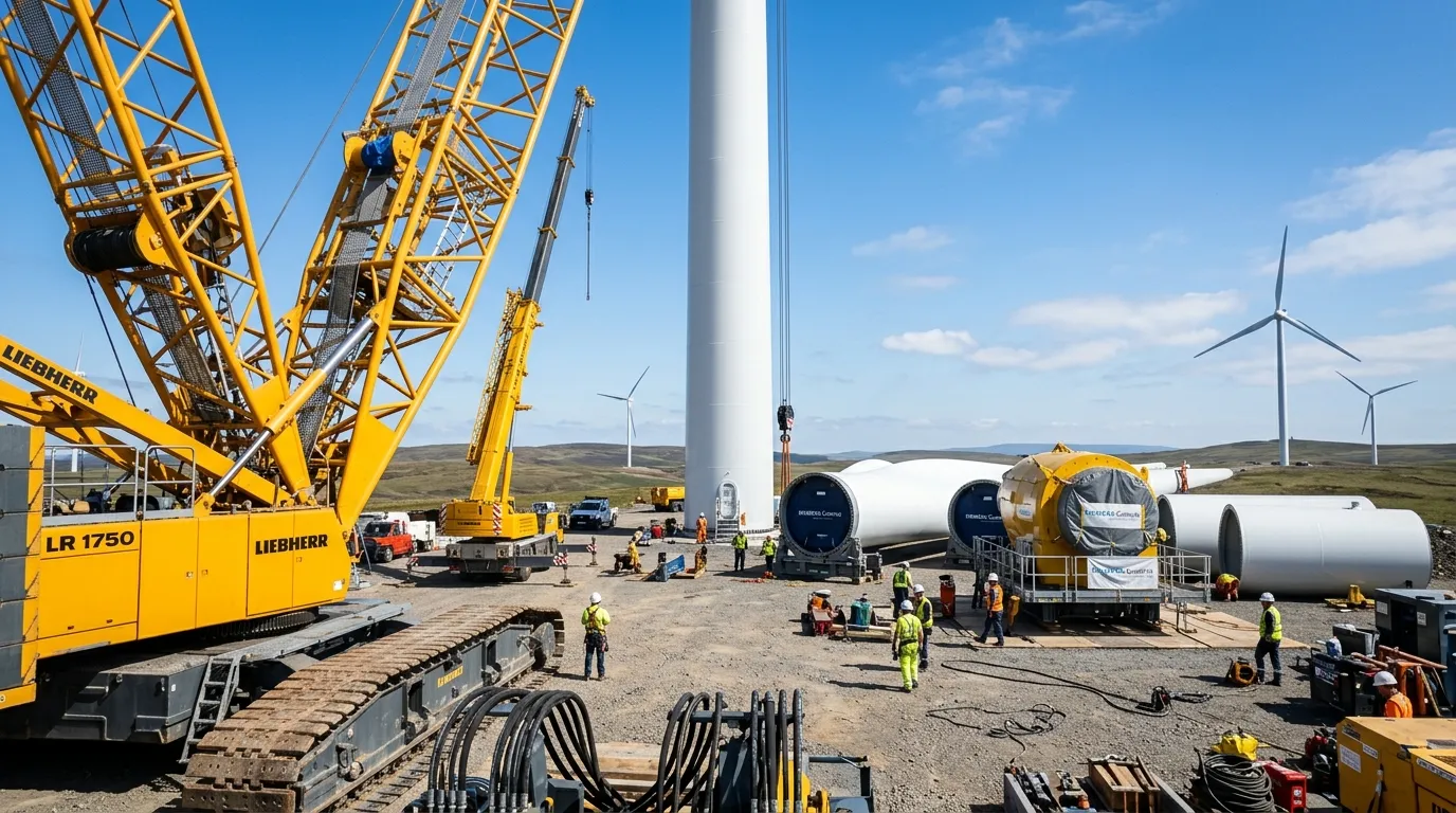 Dynamic perspective looking up at the base of a pristine white wind turbine tower ready to be assembled