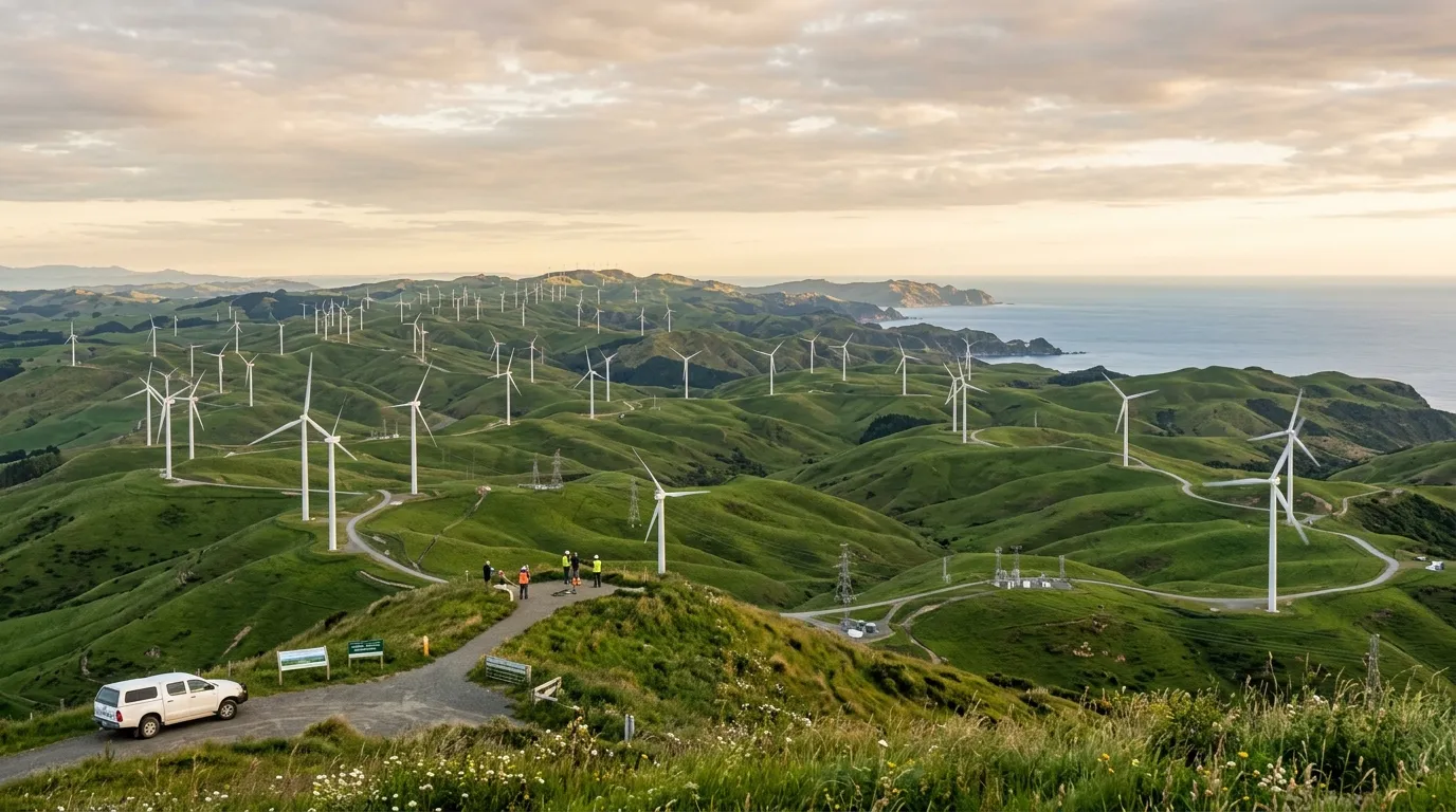 Panoramic landscape showing a fully commissioned operational utility-scale wind farm stretching across green hills
